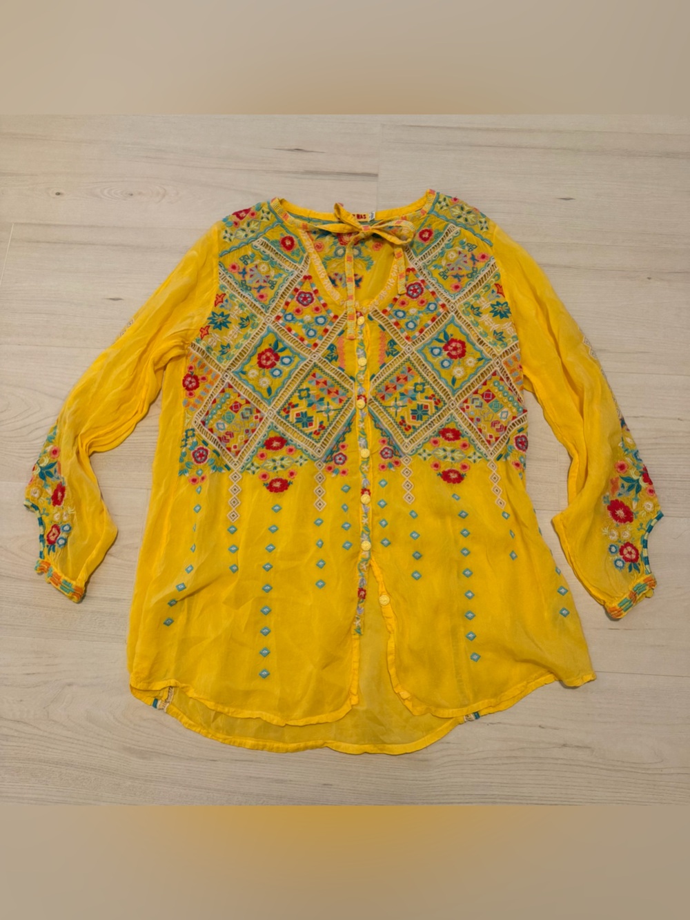 Johnny Was Yellow Embroidered Bohemian Tie-Neck Blouse Small